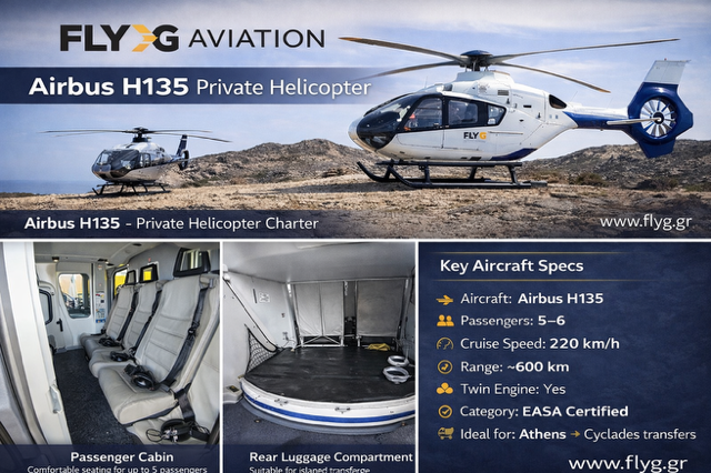 Airbus H135 private helicopter charter by Fly G Aviation — exterior shot on Greek terrain showing two H135 aircraft, passenger cabin with comfortable seating for up to 6, and rear luggage compartment suitable for island transfers. Key specs: 5–6 passengers, cruise speed 220 km/h (137 mph), range ~600 km (390 miles), twin engine, EASA certified. Ideal for Athens to Cyclades helicopter transfers. flyg.gr