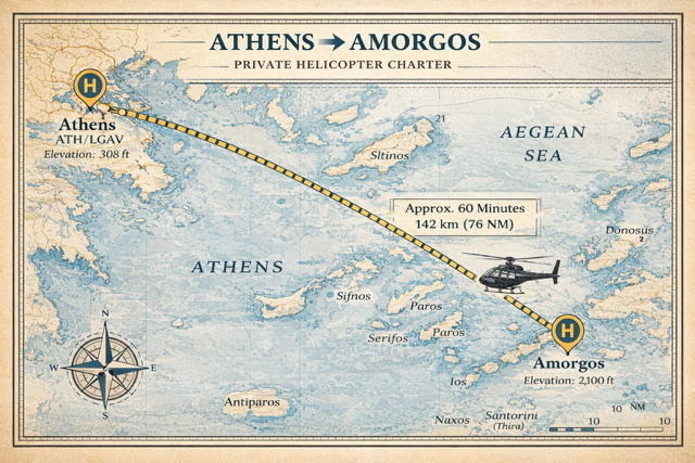 Athens to Amorgos Helicopter Route Map | Fly G Aviation