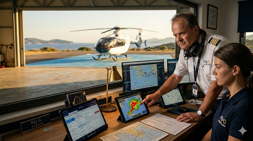 Fly G Aviation operations team briefing an Airbus H135 helicopter mission during Meltemi season in Greece
