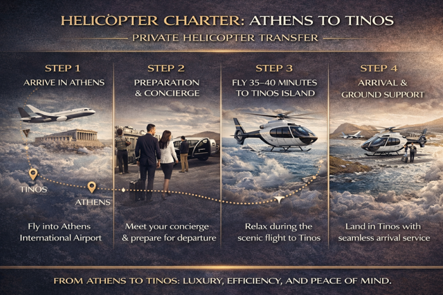 Athens to Tinos private helicopter transfer infographic showing step-by-step journey from arrival in Athens to 35–40 minute flight and seamless island arrival.