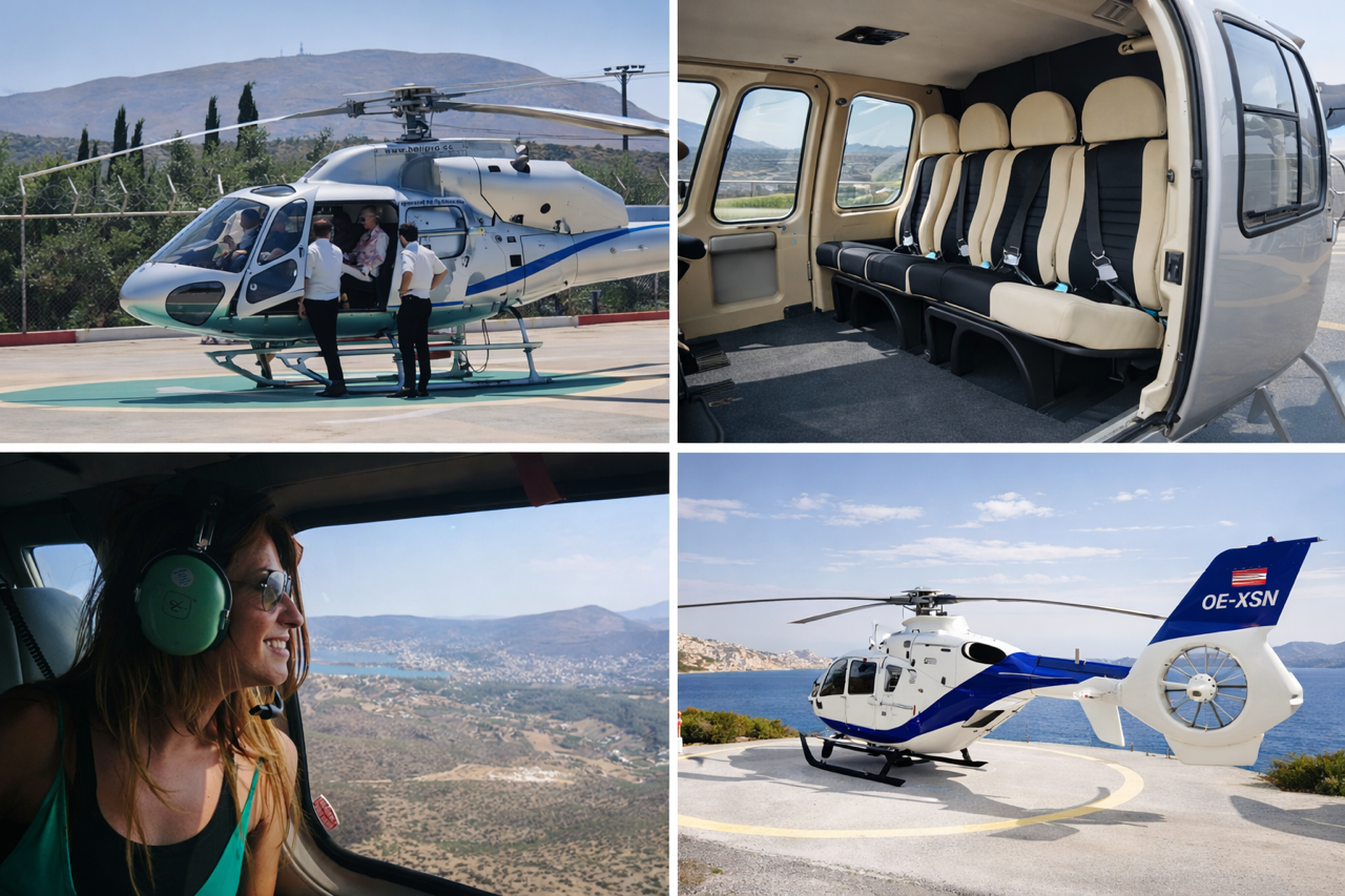 Composite image showing a private helicopter boarding, helicopter cabin interior, passenger enjoying aerial views of Greece, and an Airbus helicopter on a coastal helipad.